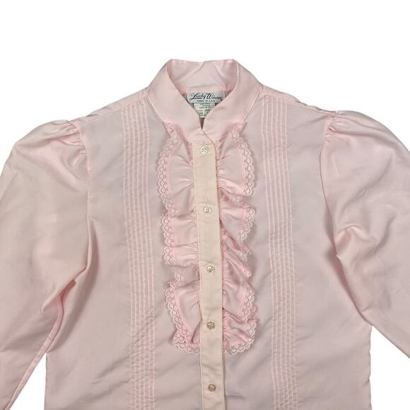 Vintage 70's Lucky Winner Light Pink Ruffle Puff Sleeve Top 14 Button Up Blouse - Picture 5 of 7